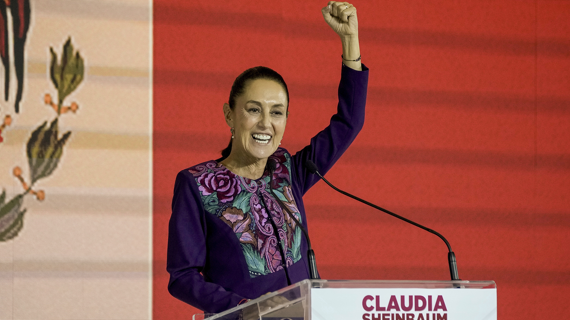 Ruling party presidential candidate Claudia Sheinbaum addresses supporters after the National Electoral Institute announced she held an irreversible lead in the election in Mexico City, early Monday, June 3, 2024. (AP Photo/Eduardo Verdugo)